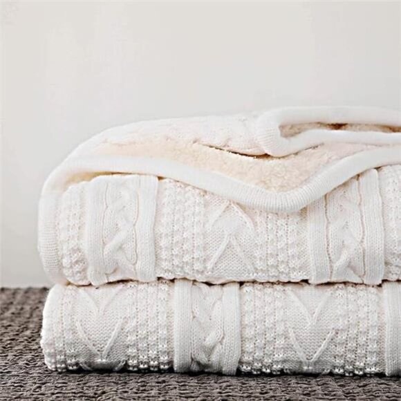 Acrylic White Cable Knit Sherpa Throw Blanket Thick, Soft, Big, Cozy Ivory White - Picture 7 of 7